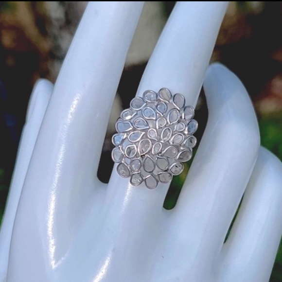 Polki Diamond Sterling Silver Platinum Ring - Picture 4 of 14